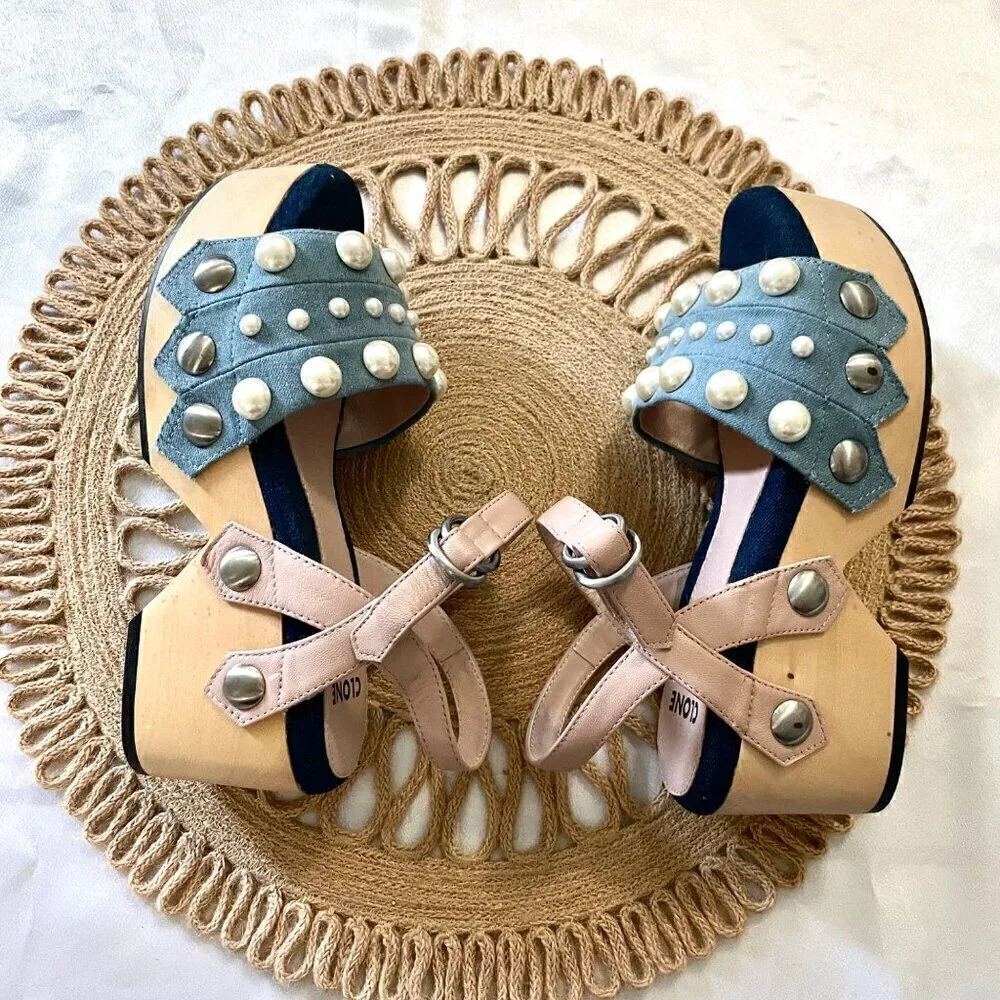 CLONE Pink-Pearl Detail Blue Denim Wooden Clog Sandals Women’s EU 37 NWOT
